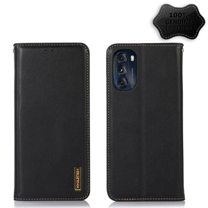 Black leather phone case set with camera cutout, stitched border, and 100% genuine seal