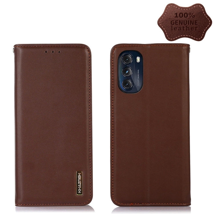 Brown leather phone case with camera cutout, stitched edges, and vertical side logo label