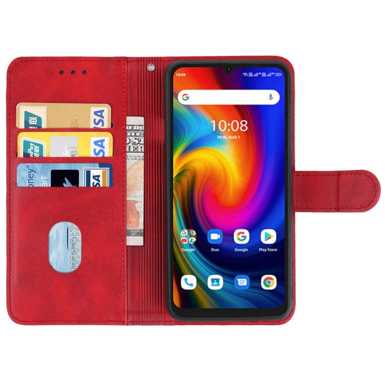 Red leather flip phone case open view with card slots and phone screen window