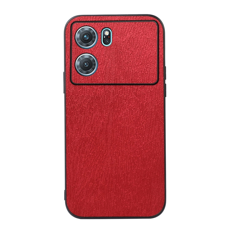 Red wood-textured PU phone case with dual camera cutouts and raised bezel