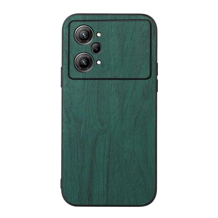 Green wood-textured PU phone case with dual camera cutouts and raised edges
