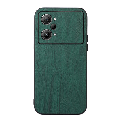 Green wood-textured PU phone case with dual camera cutouts and raised edges