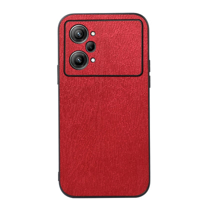 Red wood-textured PU phone case with dual camera lenses and flash cutout on top