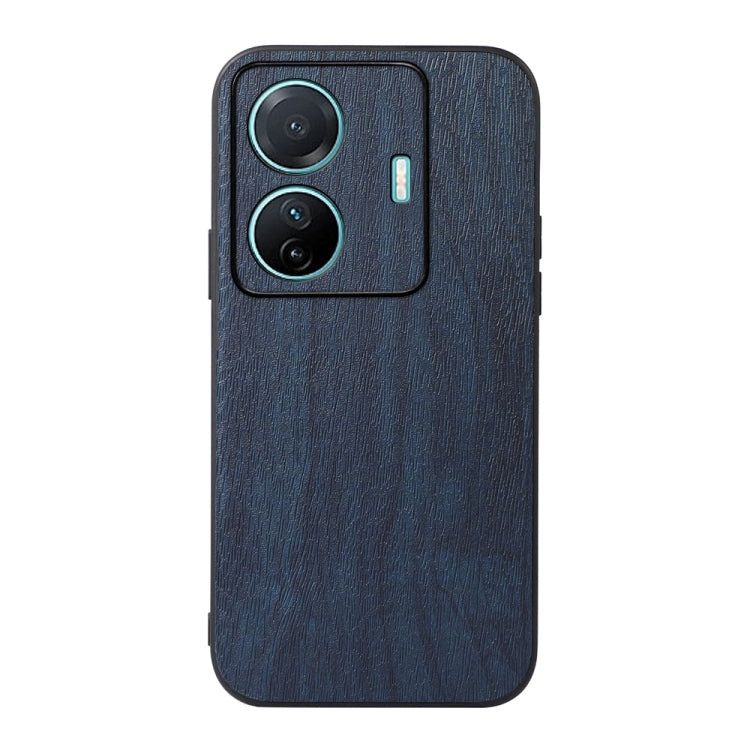 Wood texture PU phone case, dark navy, with raised camera area and button cutout