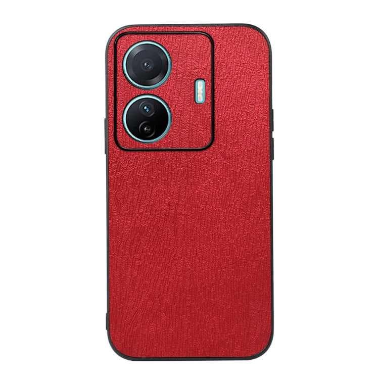 Red wood-textured PU phone case with dual camera cutout and side opening