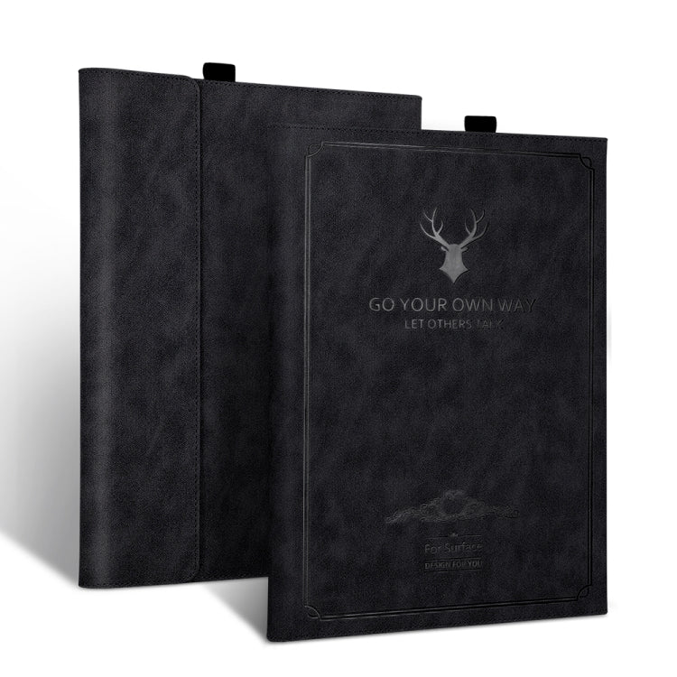Black tablet leather folio case with deer head graphic and front flap cover