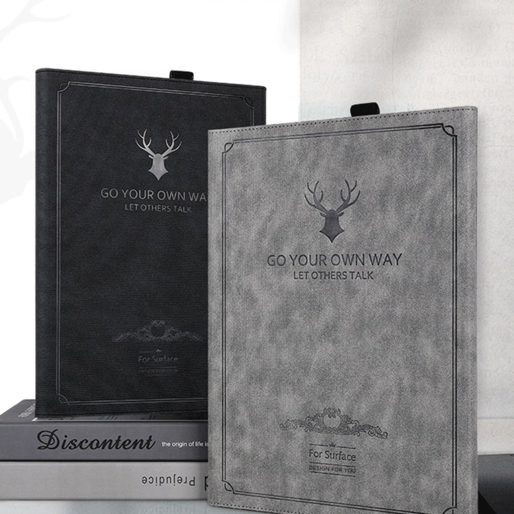 Tablet leather folio cases in black and grey with deer head graphics