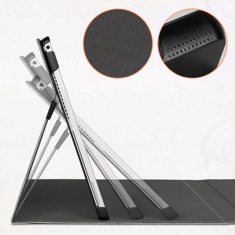 Grey tablet leather case stand with textured surface and camera/edge cutouts visible