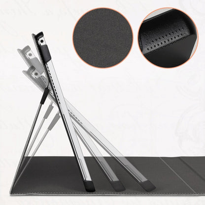 Grey tablet leather case stand with textured surface and camera/edge cutouts visible