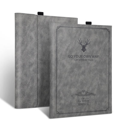 Grey tablet leather folio case with deer head graphic and embossed corner border