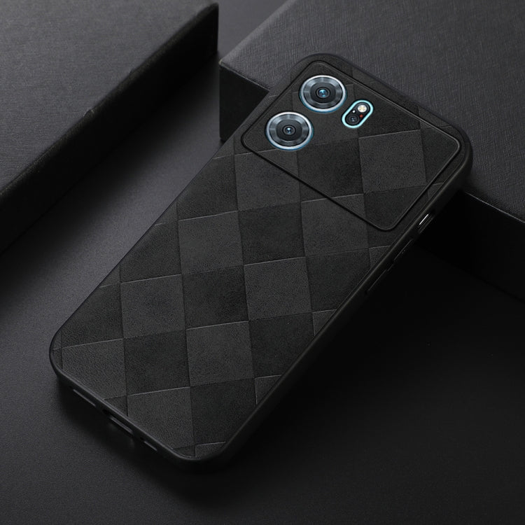 Black PU phone case with diamond plaid texture and camera cutouts