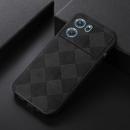 Black PU phone case with diamond plaid texture and camera cutouts
