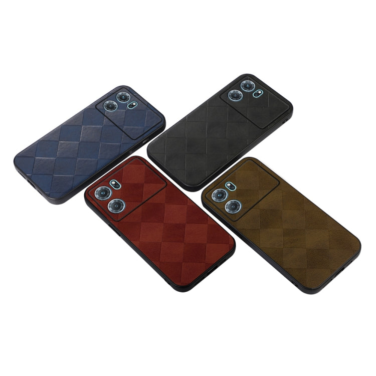 Plaid PU phone cases shown in blue, red, tan, and black with camera cutouts