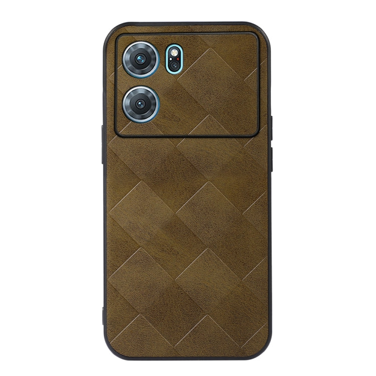Brown PU phone case with diamond plaid texture and camera cutouts