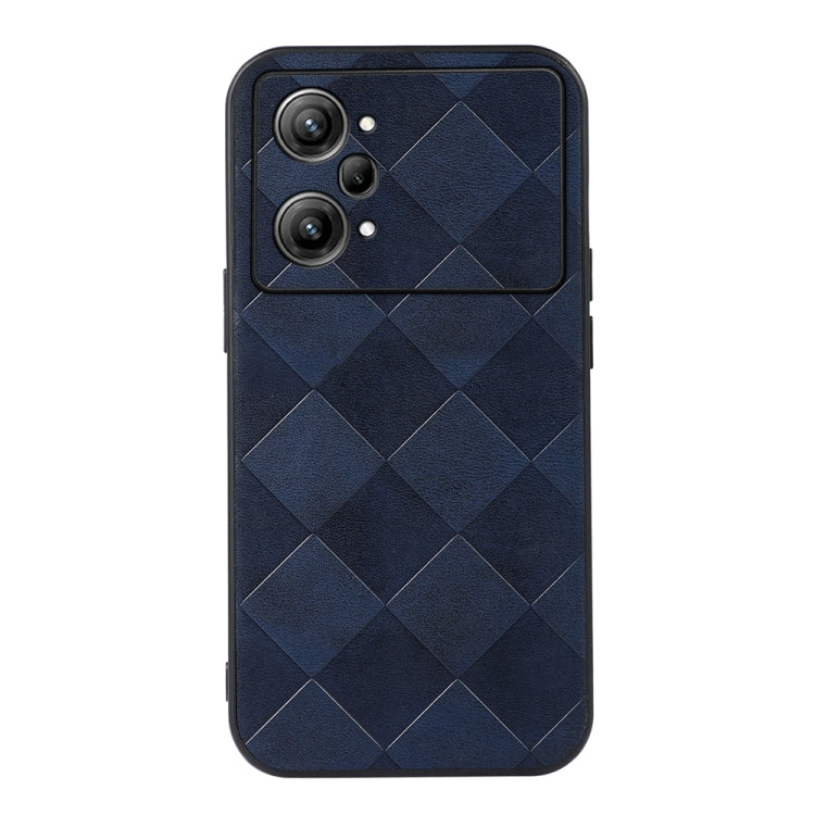Navy-blue PU phone case with raised diamond plaid pattern and camera cutouts