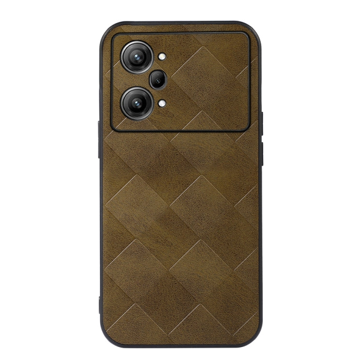 Brown PU phone case with quilted diamond weave texture and cutouts for dual cameras