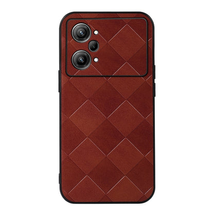 Red PU phone case with diamond weave texture and dual camera cutouts with flash