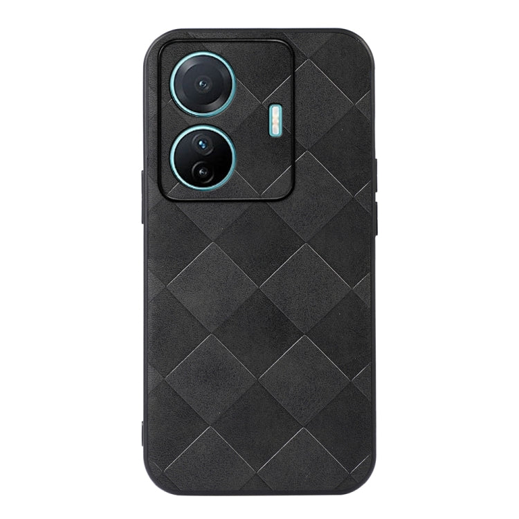 Black PU phone case with diamond plaid pattern and camera protection cutouts