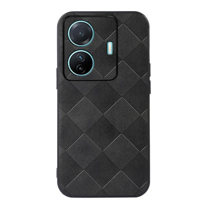 Black PU phone case with diamond plaid pattern and camera protection cutouts