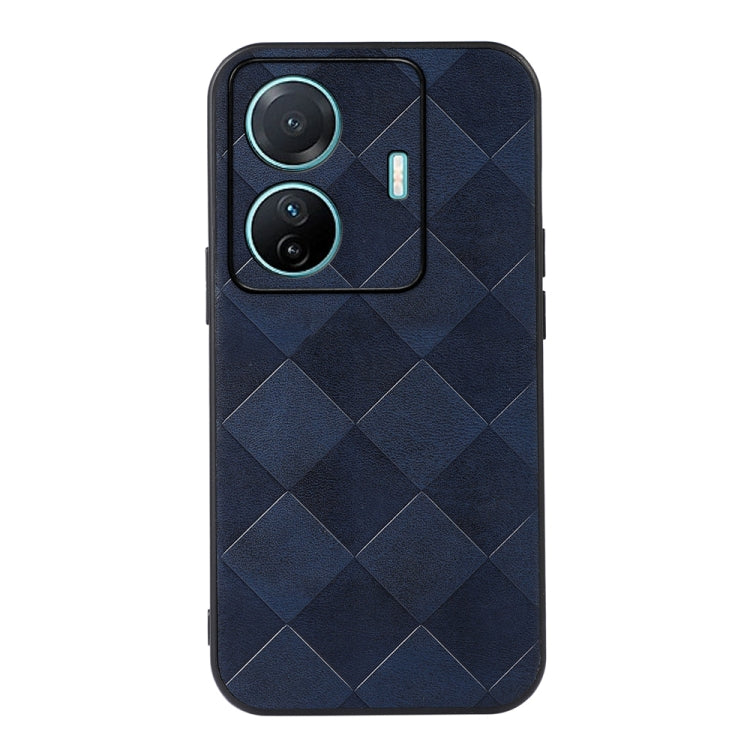 Blue PU phone case with diamond plaid pattern and dual-camera cutouts