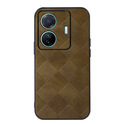 Brown PU phone case with diamond weave texture, side cutout, and dual-camera openings