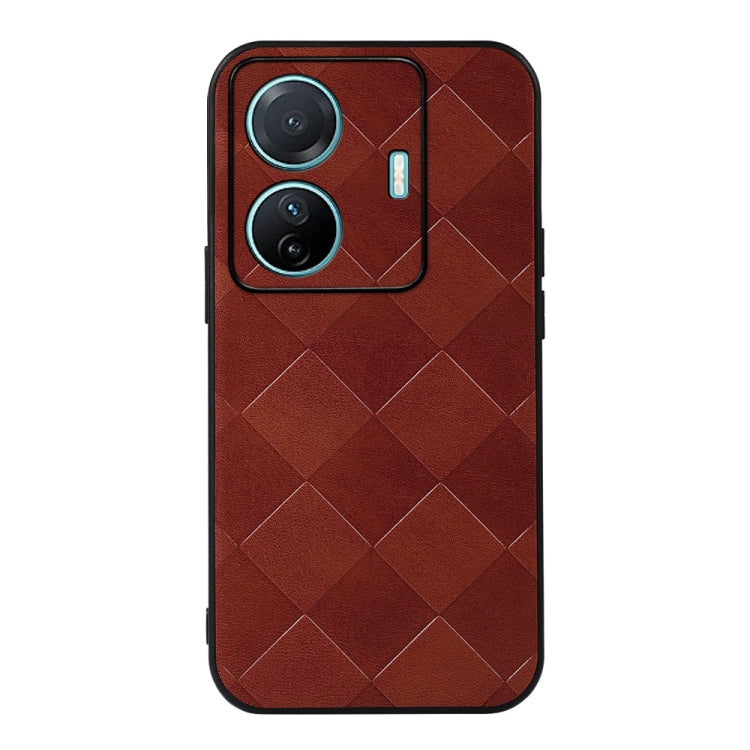 Red PU phone case with diamond weave texture, side cutout, and dual-camera openings
