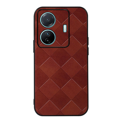 Red PU phone case with diamond weave texture, side cutout, and dual-camera openings