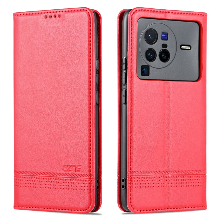 Red leather-texture folio phone case for vivo X80 Pro with stitched edges and card area.
