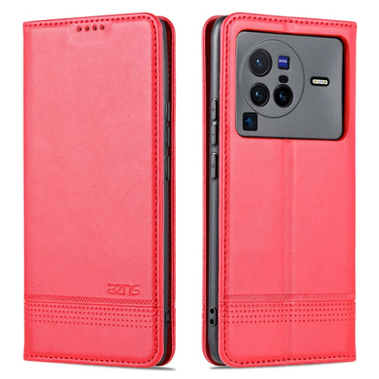 Red leather-texture folio phone case for vivo X80 Pro with stitched edges and card area.