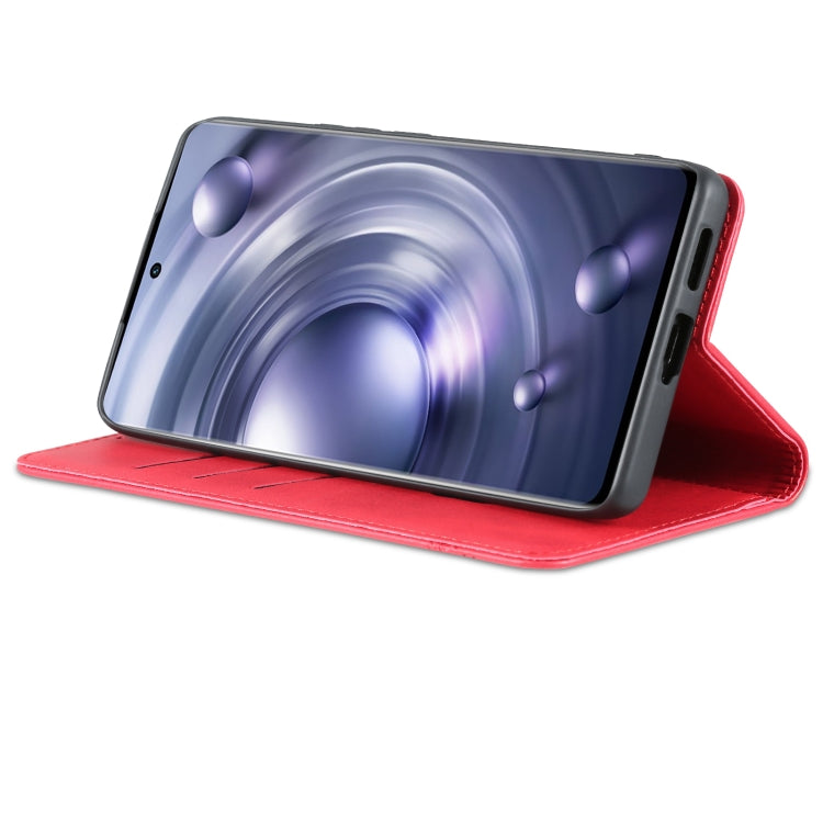 Red folio phone case for vivo X80 Pro propped in landscape with cover folded back.
