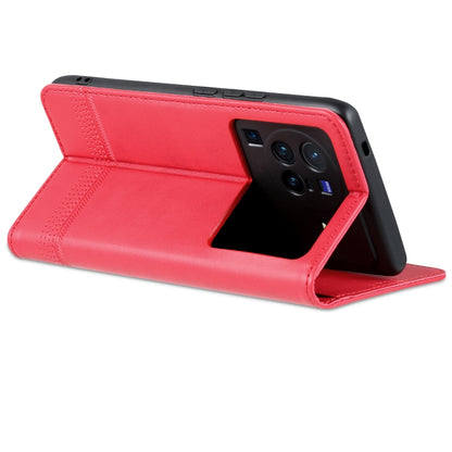 Red leather-texture folio phone case for vivo X80 Pro with camera and port cutouts.