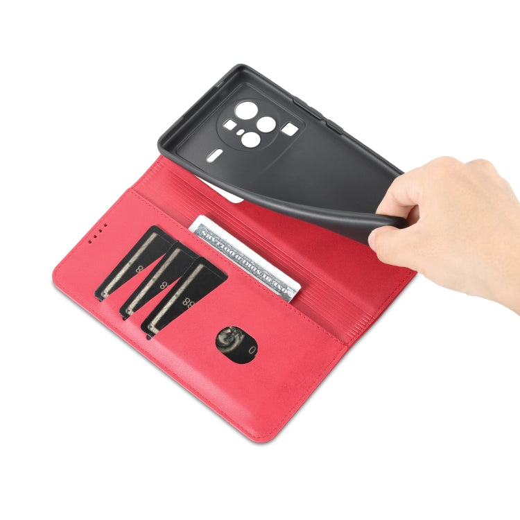 Red folio phone case for vivo X80 Pro wallet layout with card slots and thumb access.