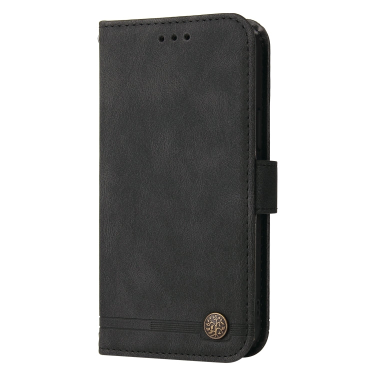 Black leather folio phone case with stitched edges and magnetic closure