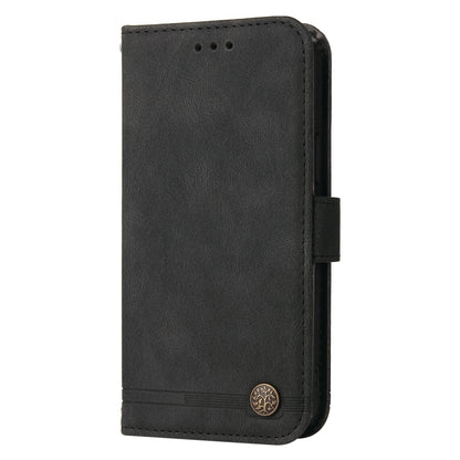 Black leather folio phone case with stitched edges and magnetic closure