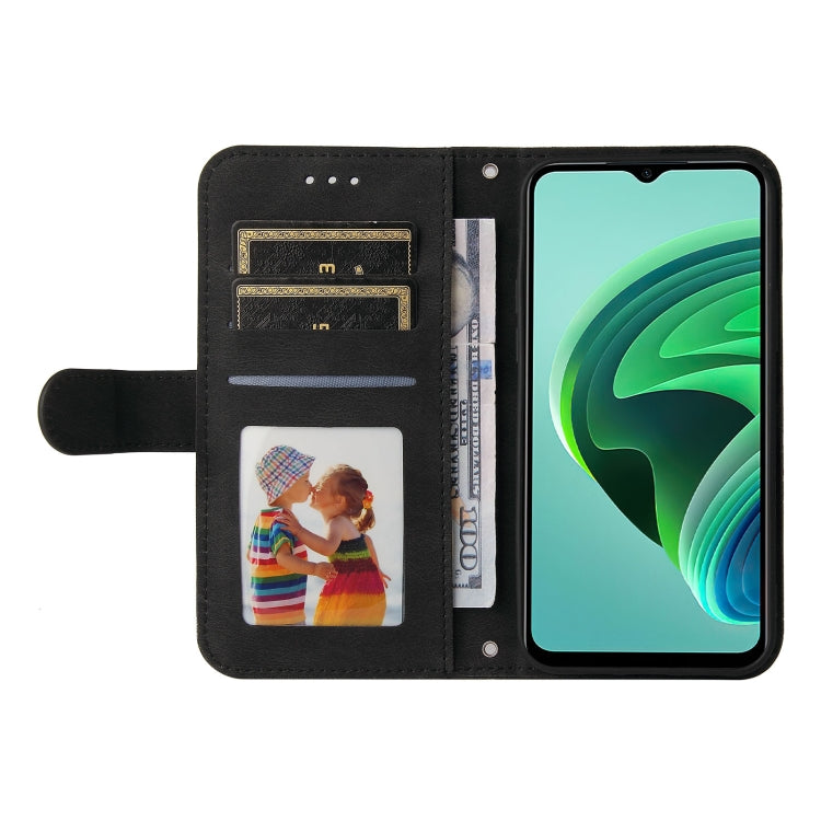 Black leather folio phone case with wallet pockets, showing phone camera cutout