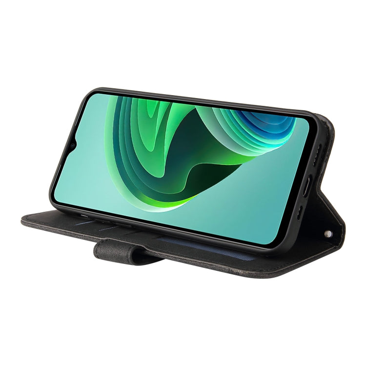 Black leather folio phone case with kickstand, holding phone for landscape viewing
