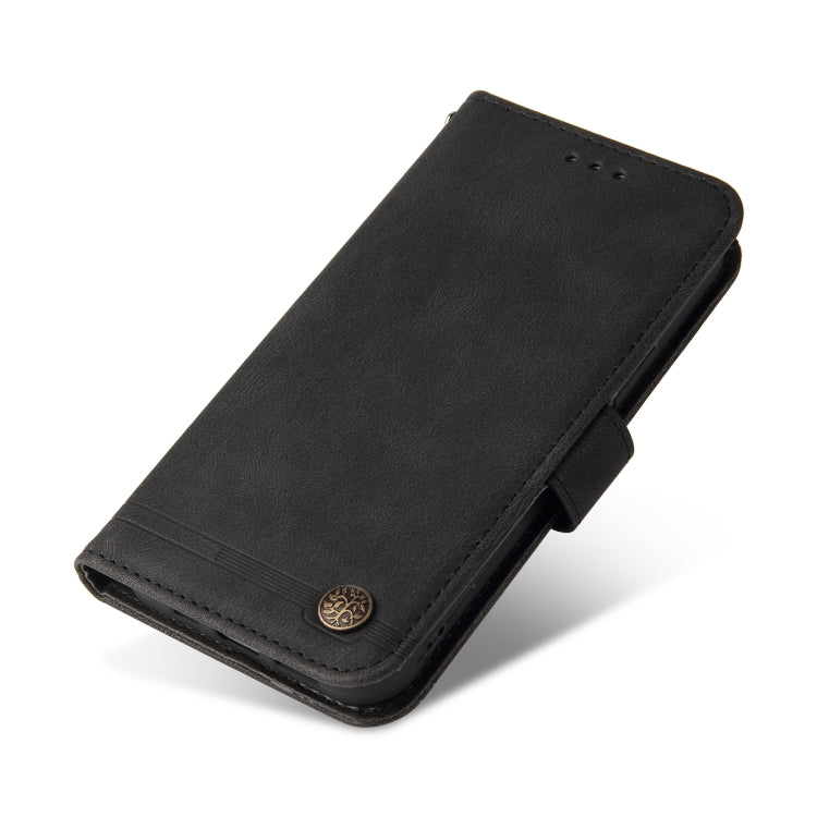 Black leather folio phone case with metal button emblem and side opening