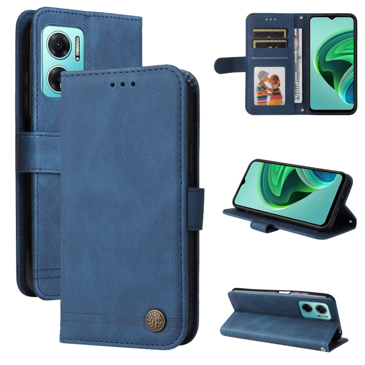 Blue leather folio phone case with card slots and metal button on the flip cover