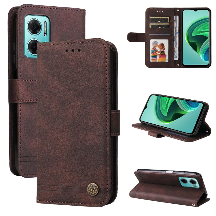Brown leather folio phone case with card slots and metal button, front and stand