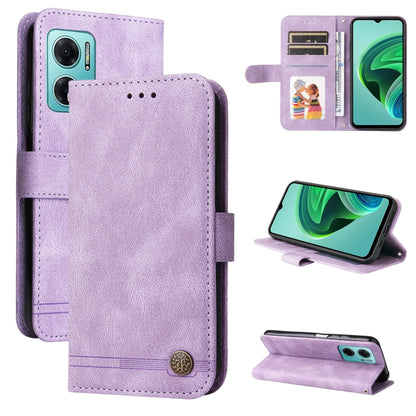 Lavender leather folio phone case with card slots, magnetic button, and stand