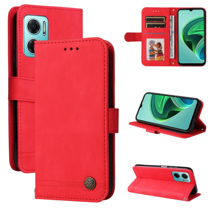 Red leather folio phone case with card slots, magnetic button, and stand