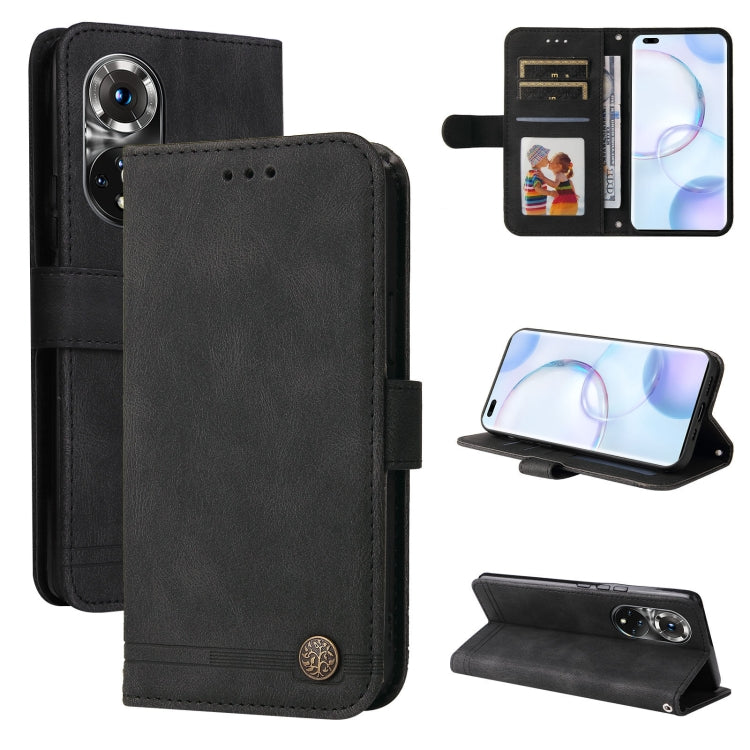 Black leather folio phone case with card pocket, metal button and phone cutouts