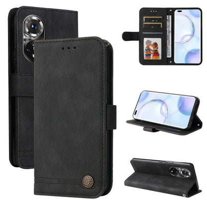 Black leather folio phone case with card pocket, metal button and phone cutouts