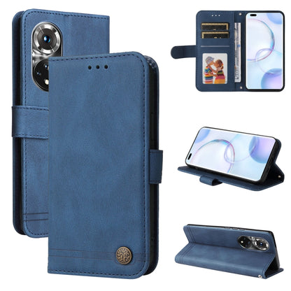 Blue leather wallet phone case with card slots, camera cutout, and kickstand