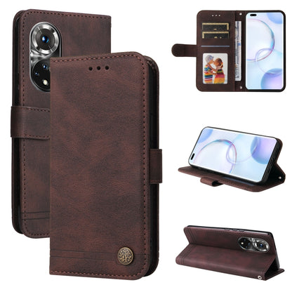 Brown leather folio phone case with card slots and metal button, viewing stand