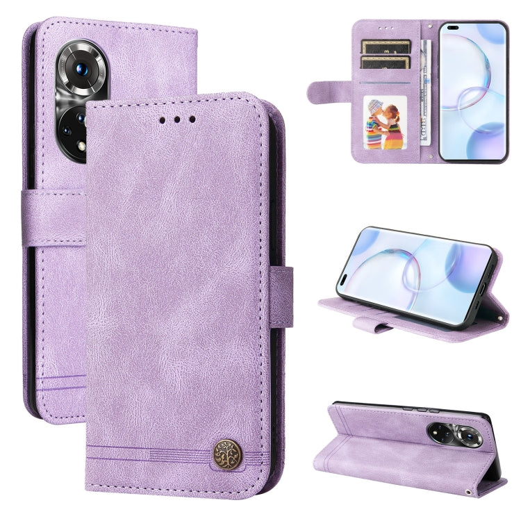 Lavender leather folio phone case with card slots, magnetic button, and stand