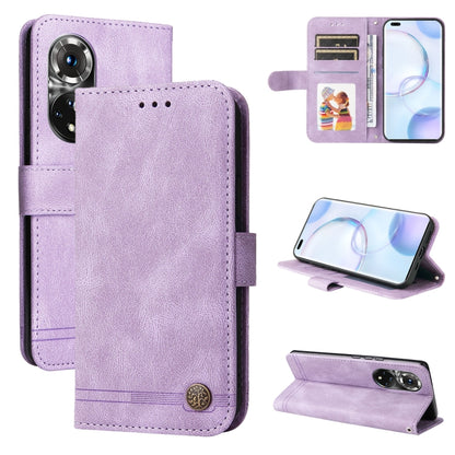 Lavender leather folio phone case with card slots, magnetic button, and stand