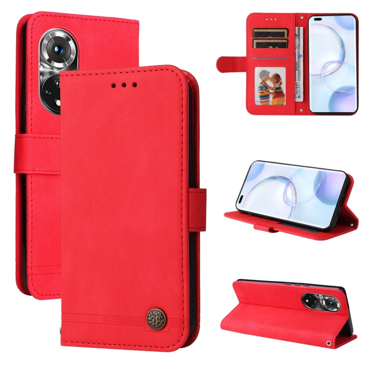 Red leather folio phone case with card slots, magnetic button, and stand