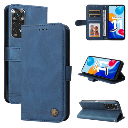 Blue leather folio phone case with card slots, flip cover, and viewing stand