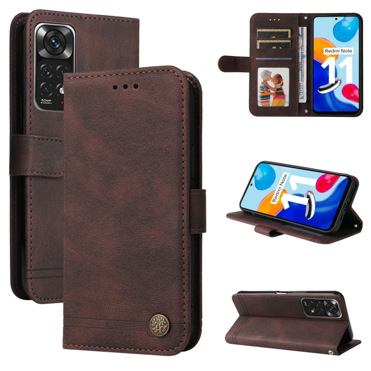 Brown leather folio phone case with card slots and metal button, multi-angle view